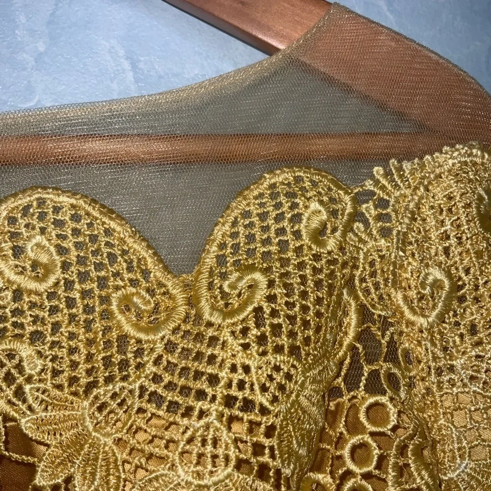 TS Couture Mustard Yellow Lace Long Sleeve Peplum Satin Mermaid Formal Gown NWT